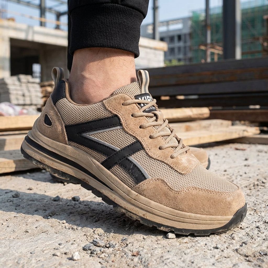 Low-profile safety sneakers with reinforced toe and non-slip outsole