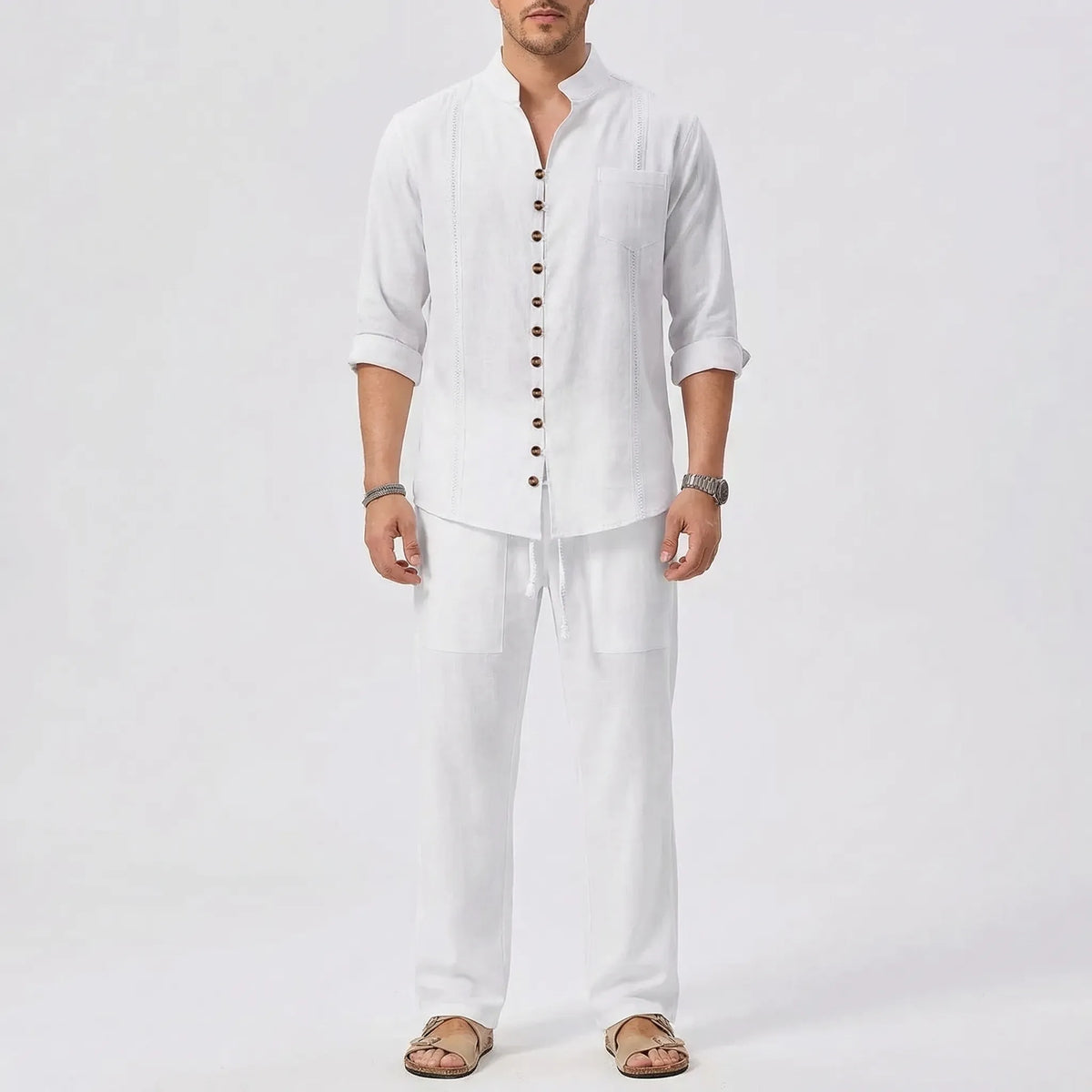 Cuban-collar beach shirt and matching trousers with roll-up sleeves