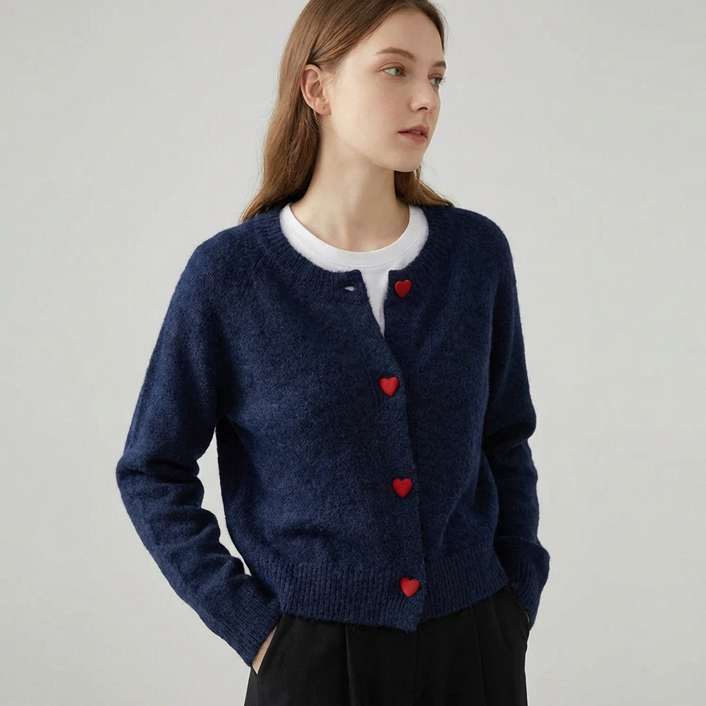 Deep grey chunky knitted cardigan with dropped shoulder sleeves and heart buttons