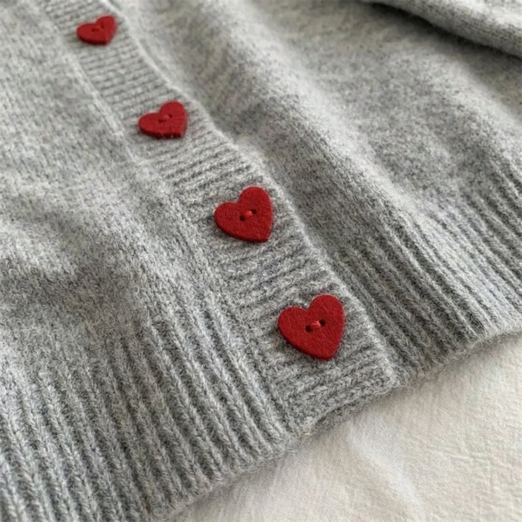 Deep grey chunky knitted cardigan with dropped shoulder sleeves and heart buttons