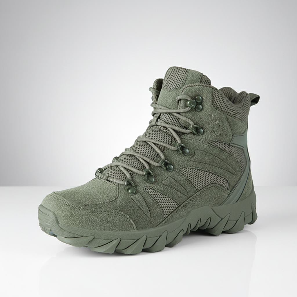 Men's high ankle tactical hiking boots with durable leather and aggressive tread
