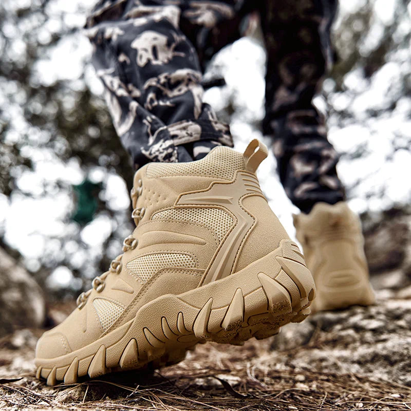 Men's high ankle tactical hiking boots with durable leather and aggressive tread