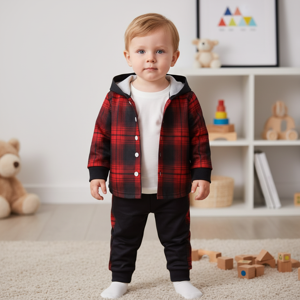 Toddler hooded fleece lined set with check pattern jacket and pants