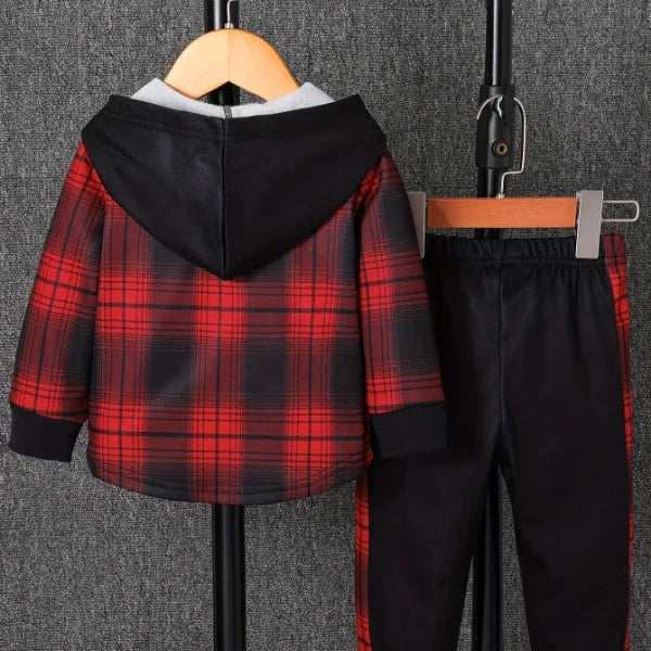 Toddler hooded fleece lined set with check pattern jacket and pants