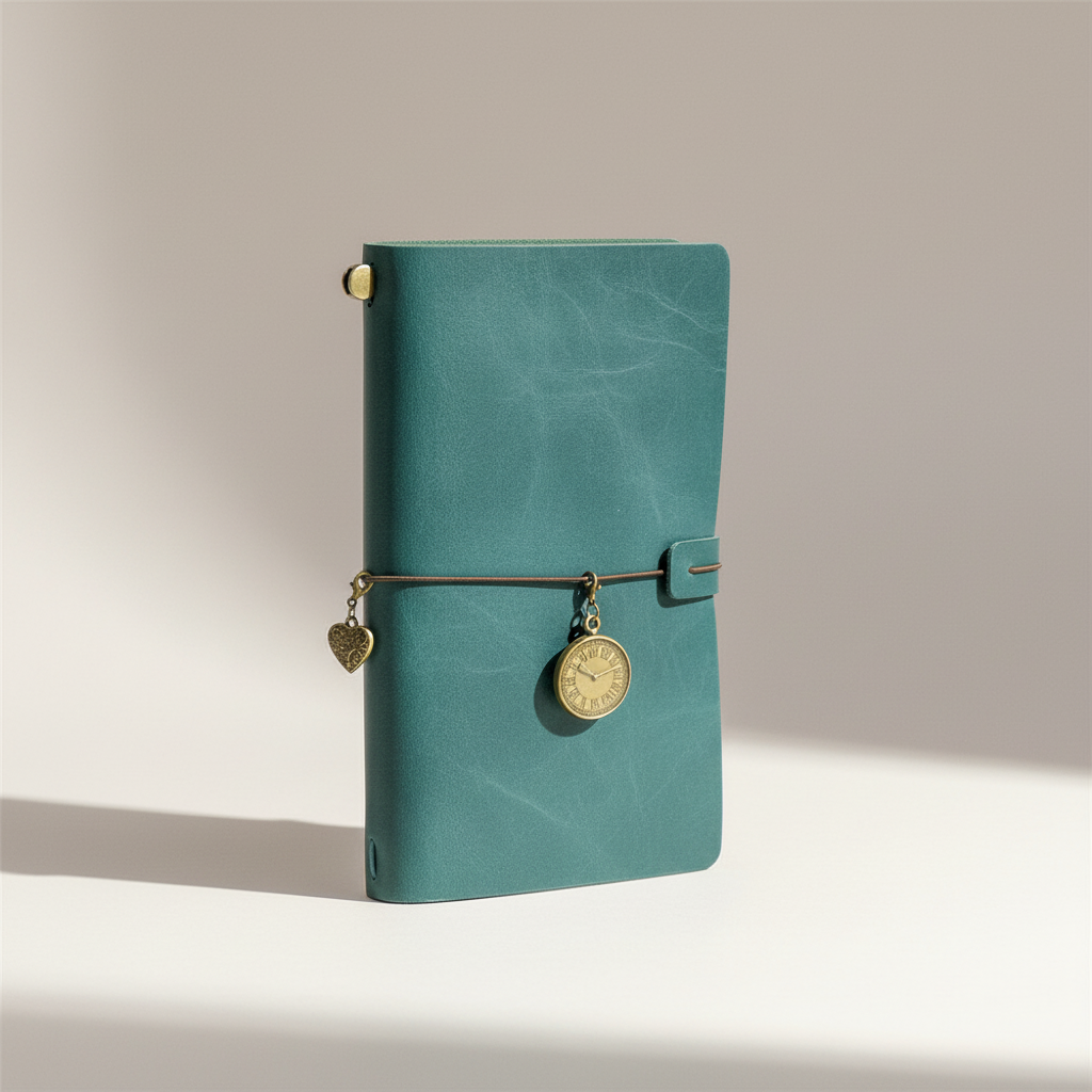 Refillable travel journal with retro handmade appearance and customisable charm accents