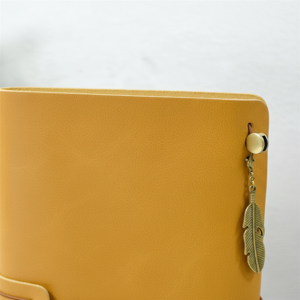 Refillable travel journal with retro handmade appearance and customisable charm accents