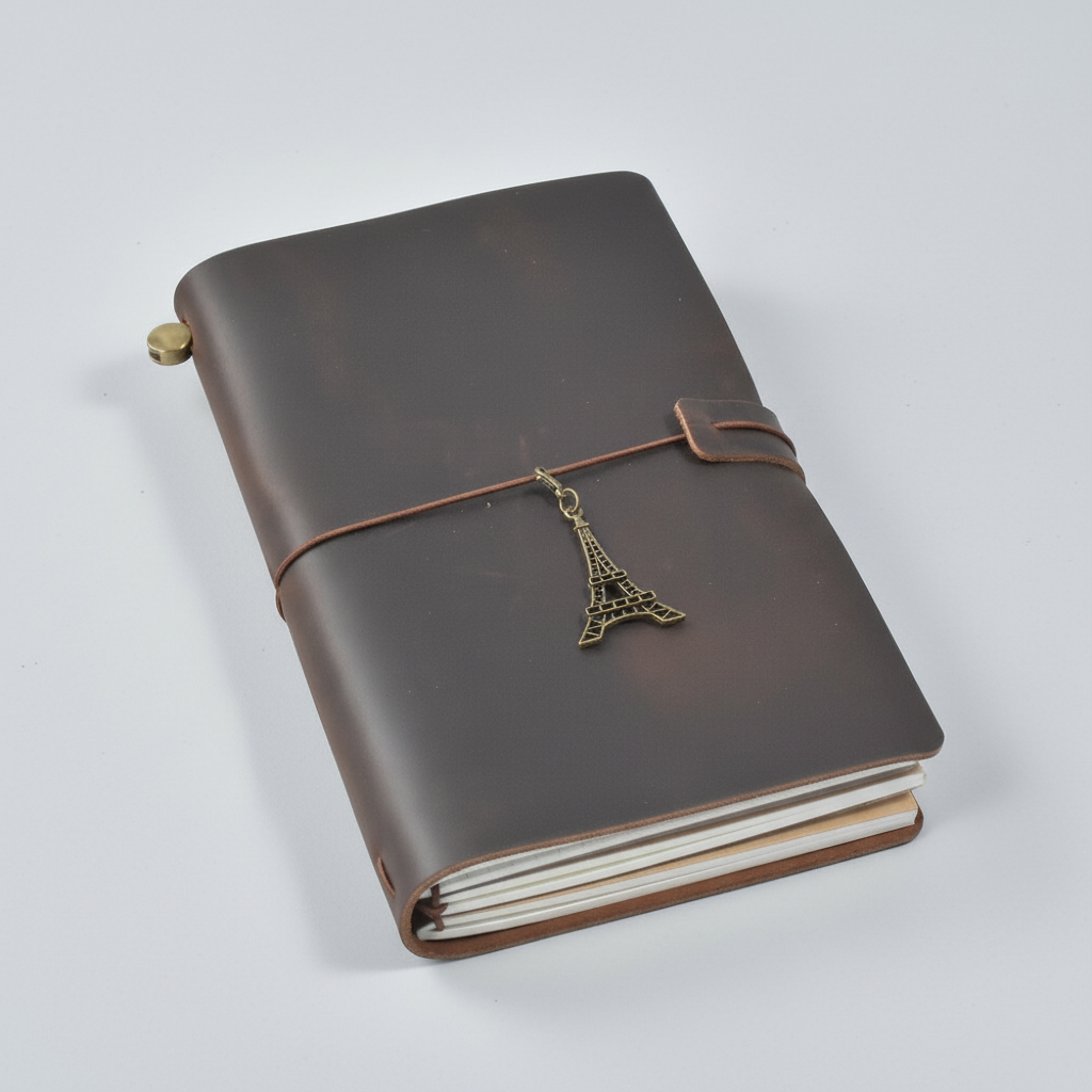 Refillable travel journal with retro handmade appearance and customisable charm accents