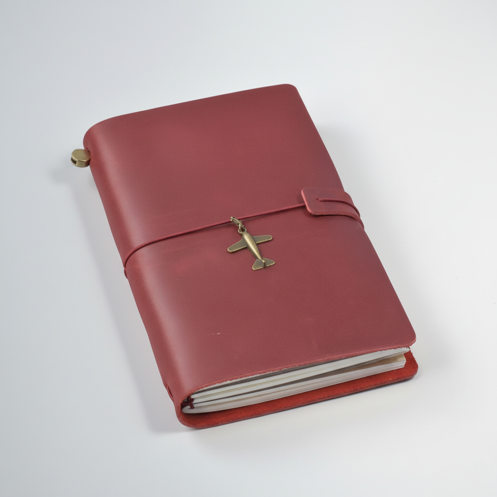 Refillable travel journal with retro handmade appearance and customisable charm accents