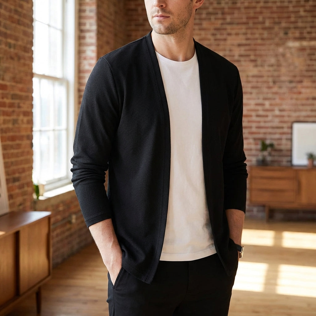 Men's slim open front knit cardigan with lightweight breathable layer
