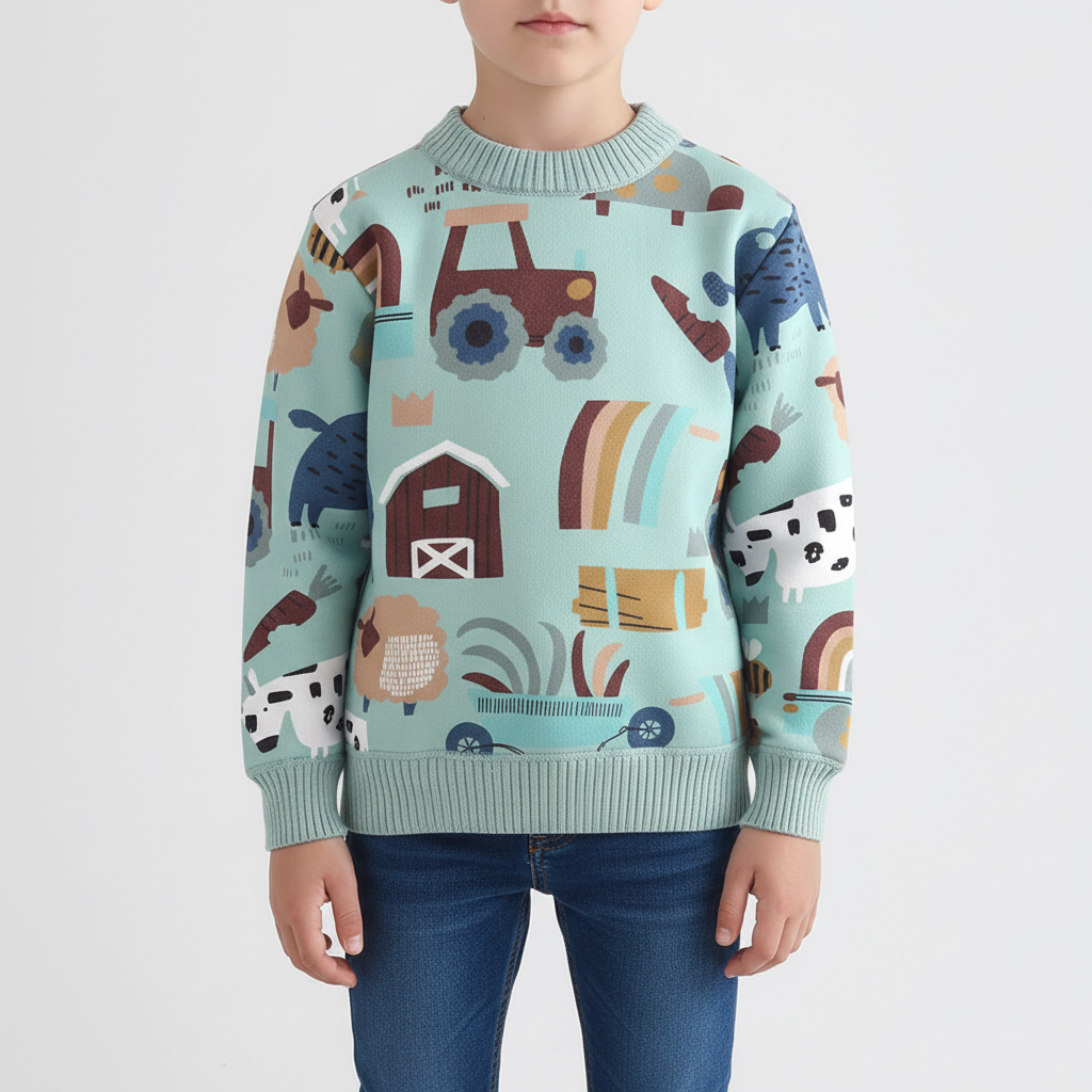Kids cartoon print jumper with farm animals and tractors cosy thick knit