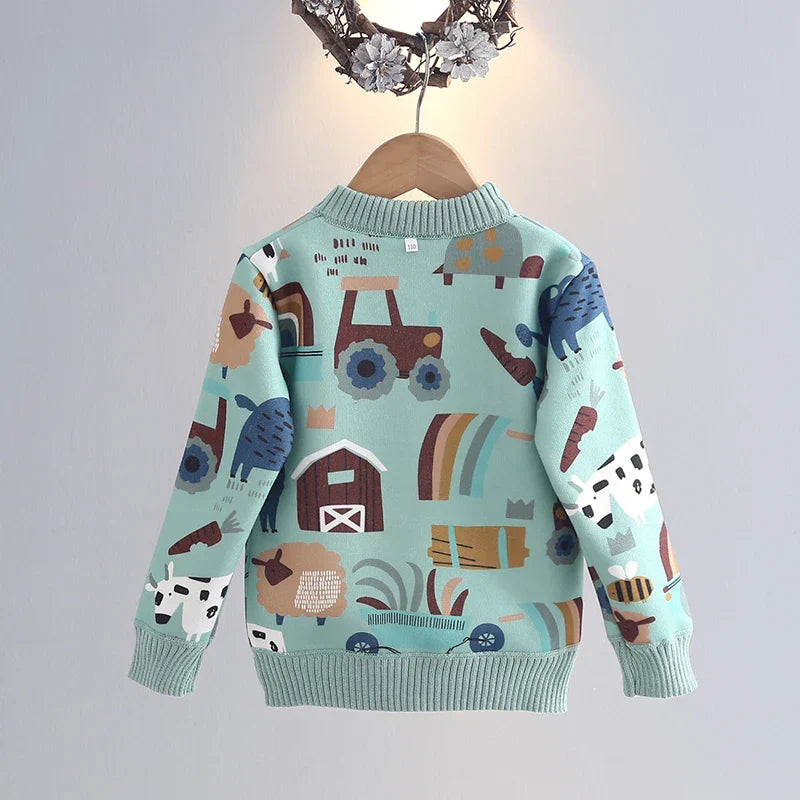 Kids cartoon print jumper with farm animals and tractors cosy thick knit