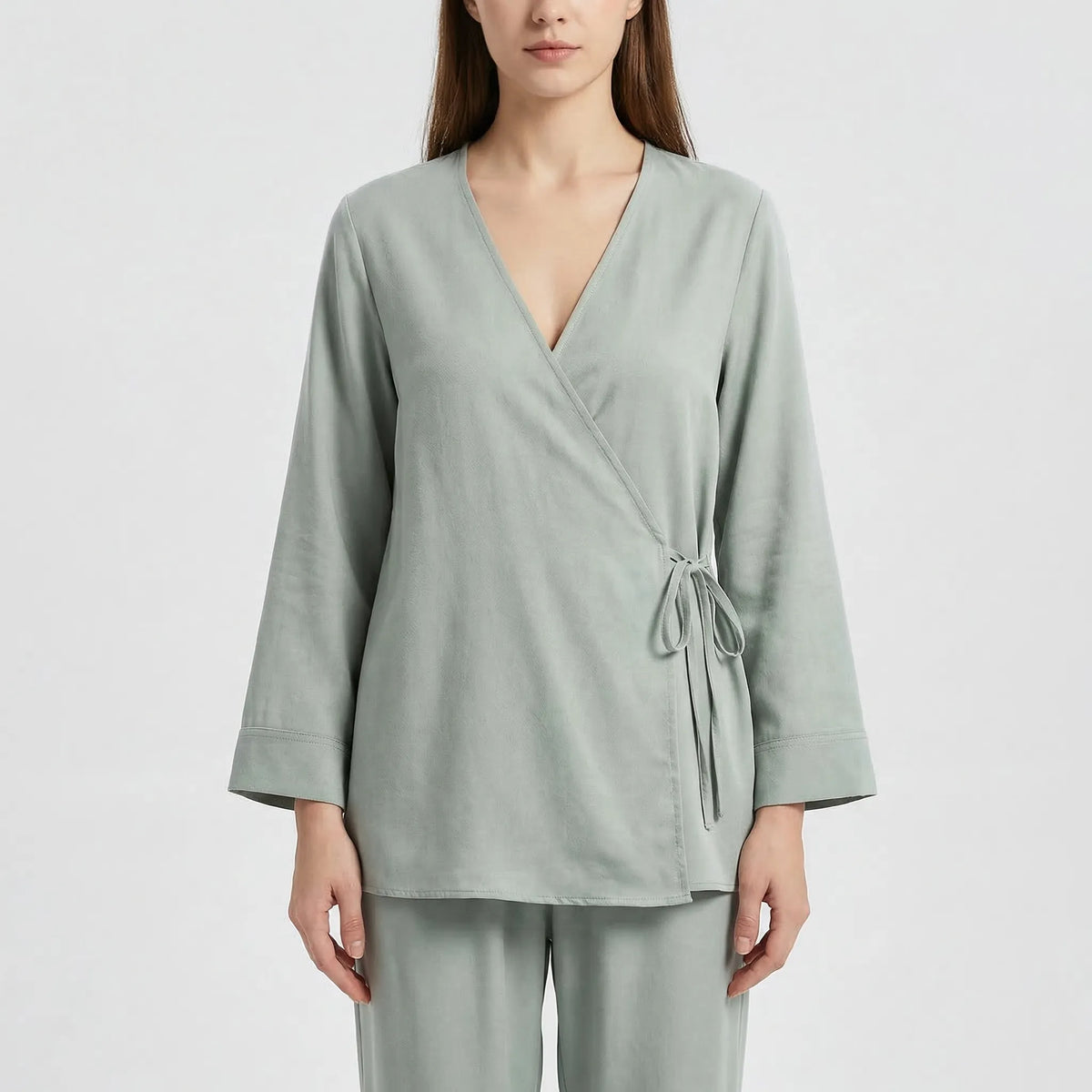Women's kimono top and wide-leg trousers co-ord set in lightweight fabric