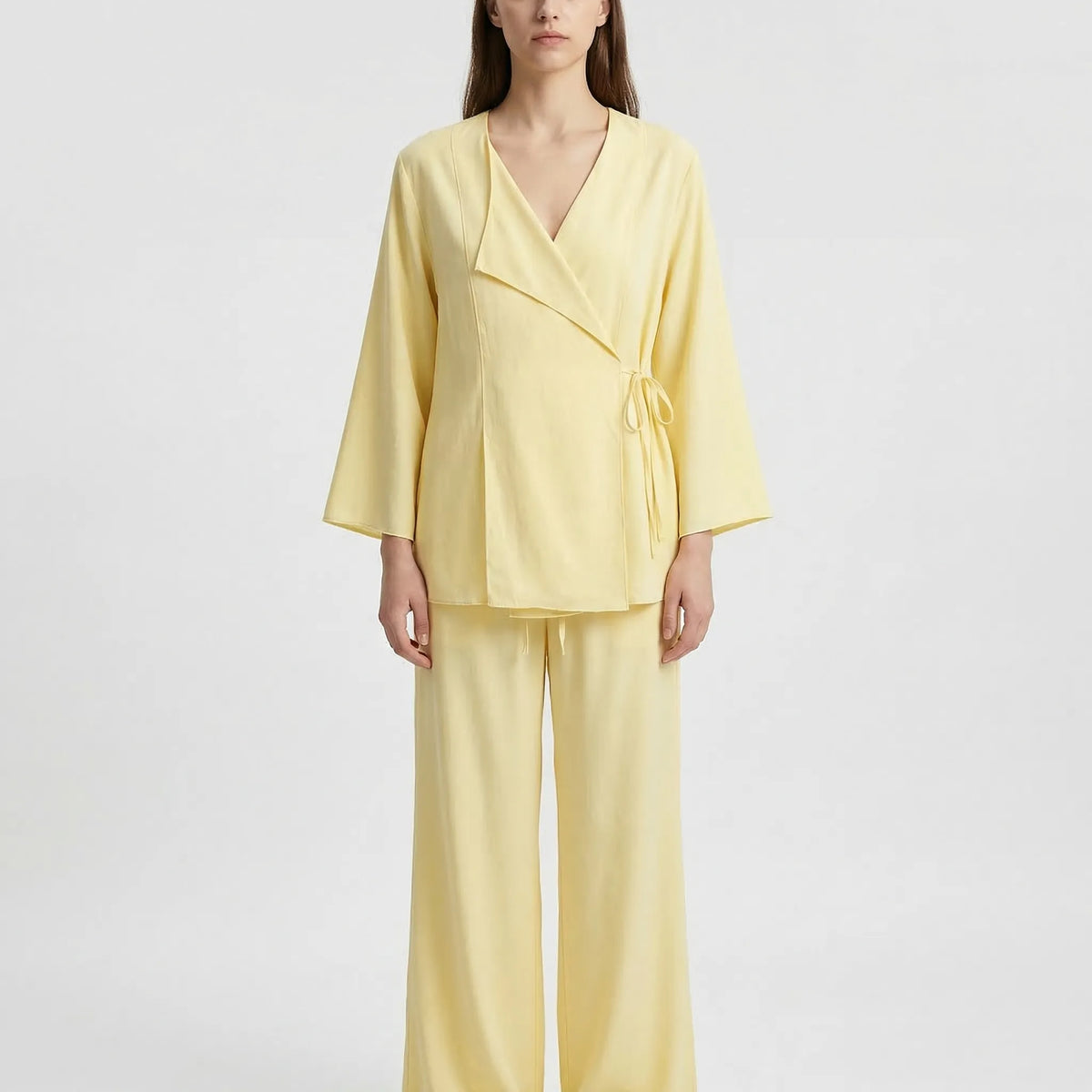 Women's kimono top and wide-leg trousers co-ord set in lightweight fabric