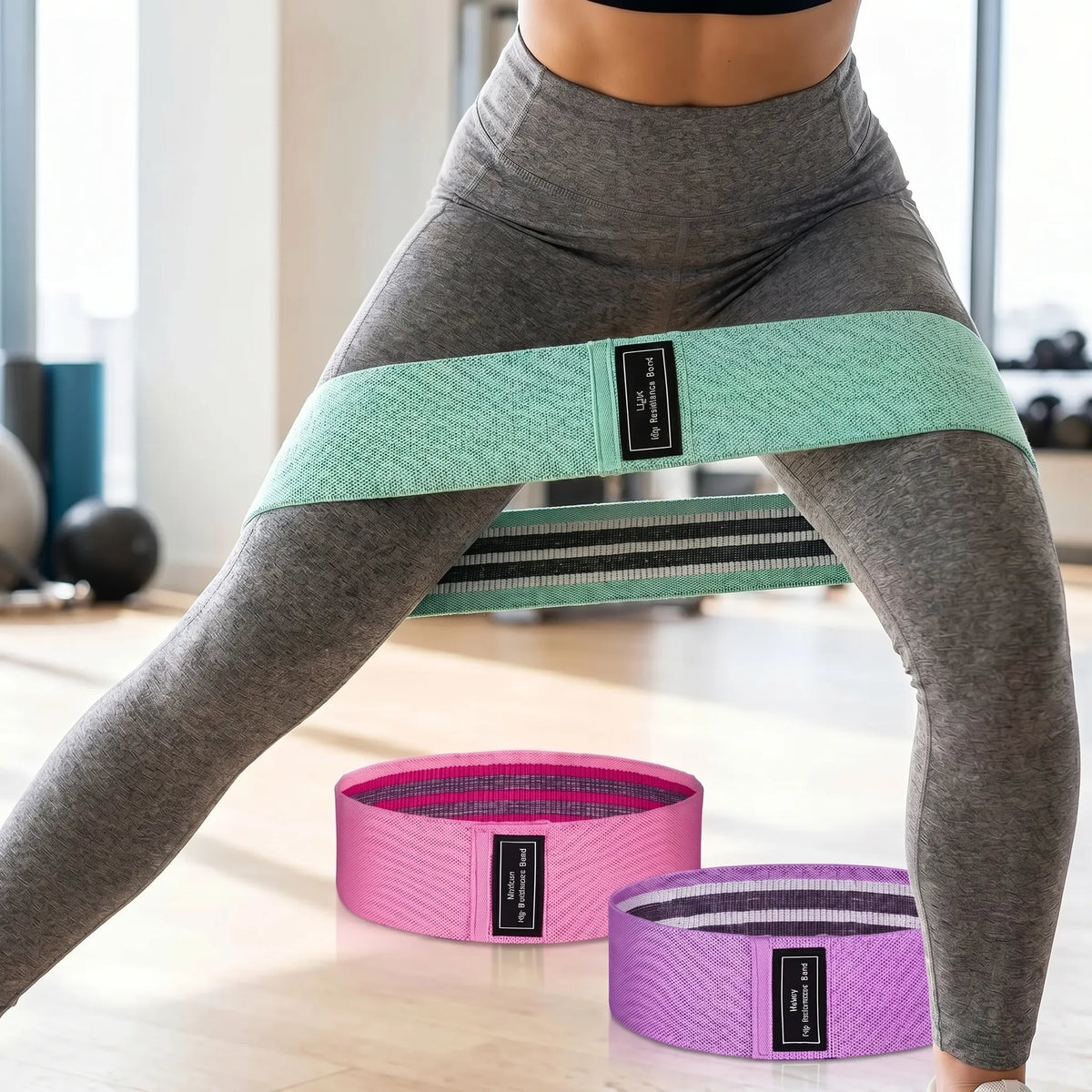 Wide woven resistance bands for lower body workouts with mesh storage bag