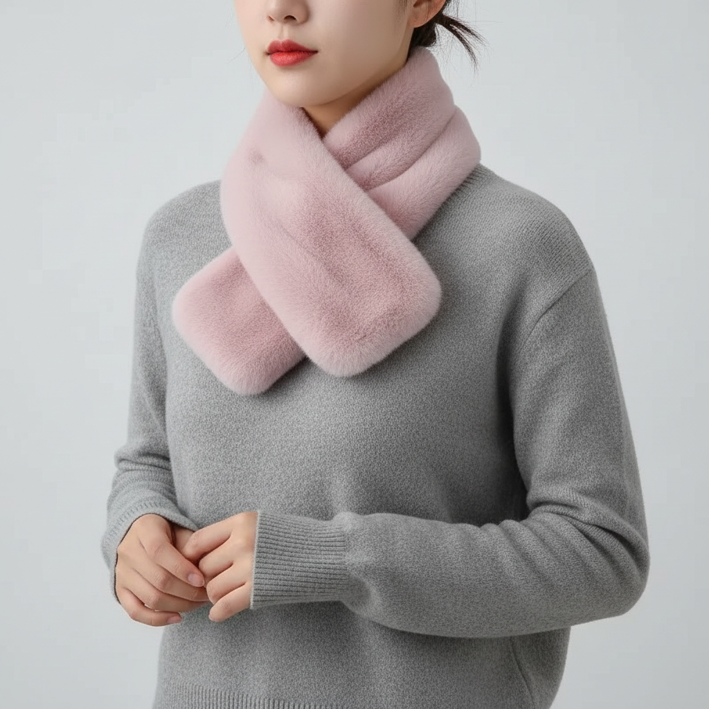 Faux rabbit fur scarf with knit backing and loop closure