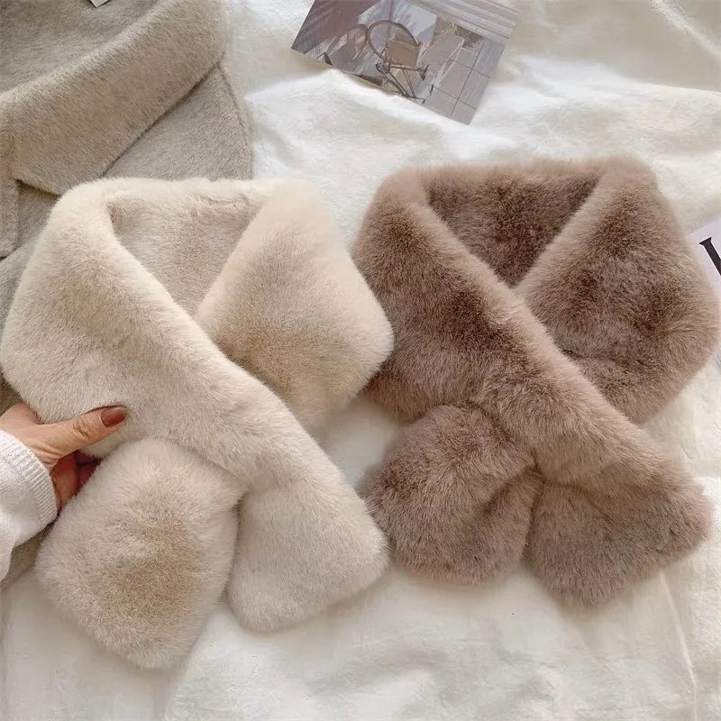 Faux rabbit fur scarf with knit backing and loop closure