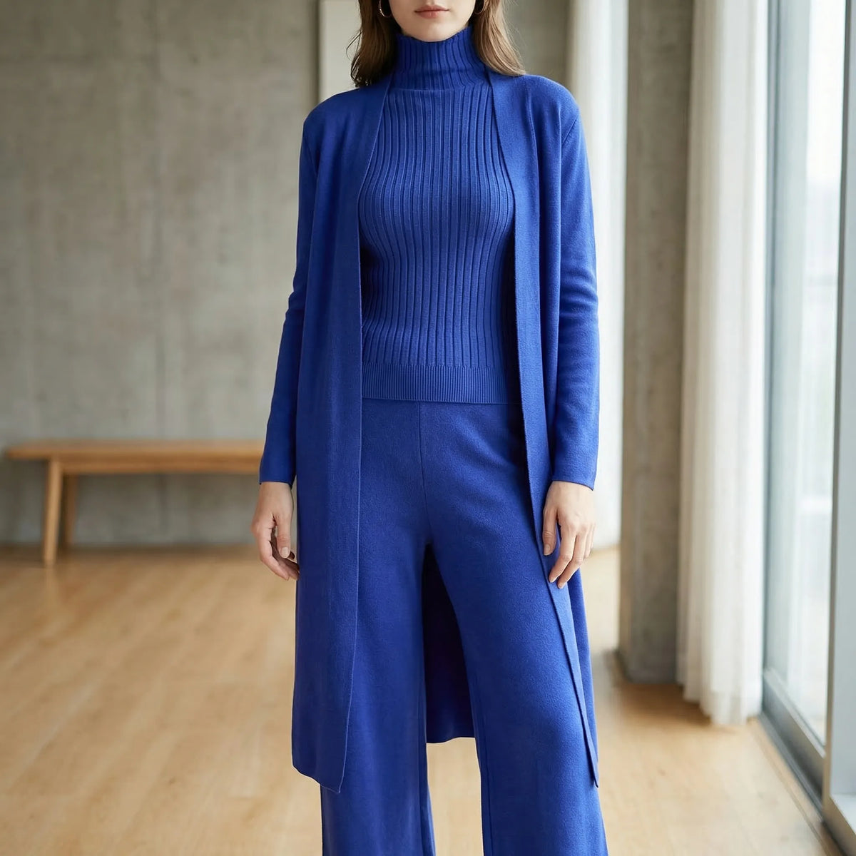 Women's knitted 3-piece set with cardigan, jumper, and trousers