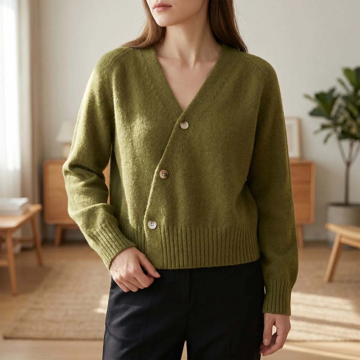 Women's asymmetrical knit cardigan with relaxed fit and cropped length