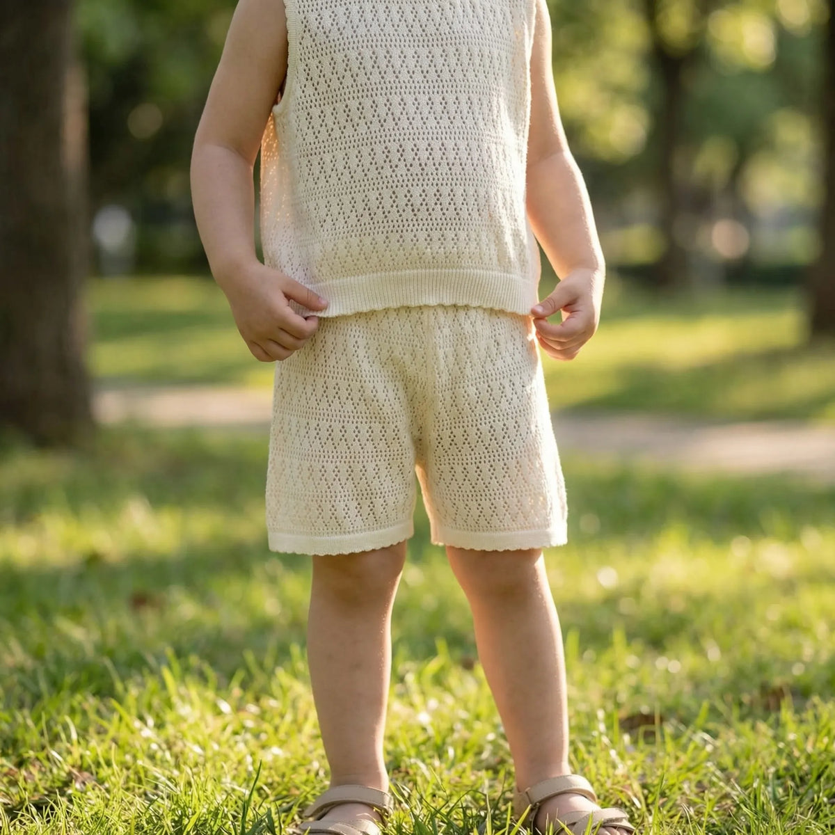 Girls summer lace vest with wide leg pants breathable knit set