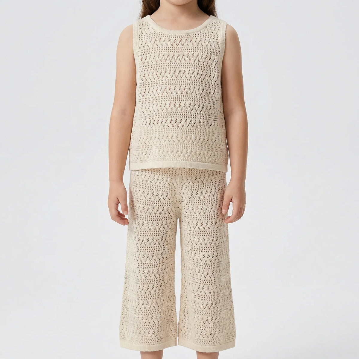 Girls summer lace vest with wide leg pants breathable knit set