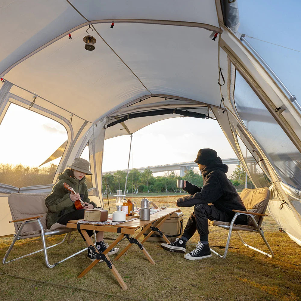 Spacious family tunnel tent with large community area and covered entrance
