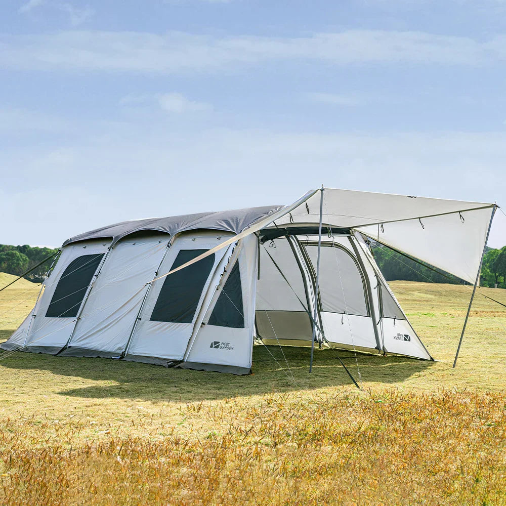 Spacious family tunnel tent with large community area and covered entrance