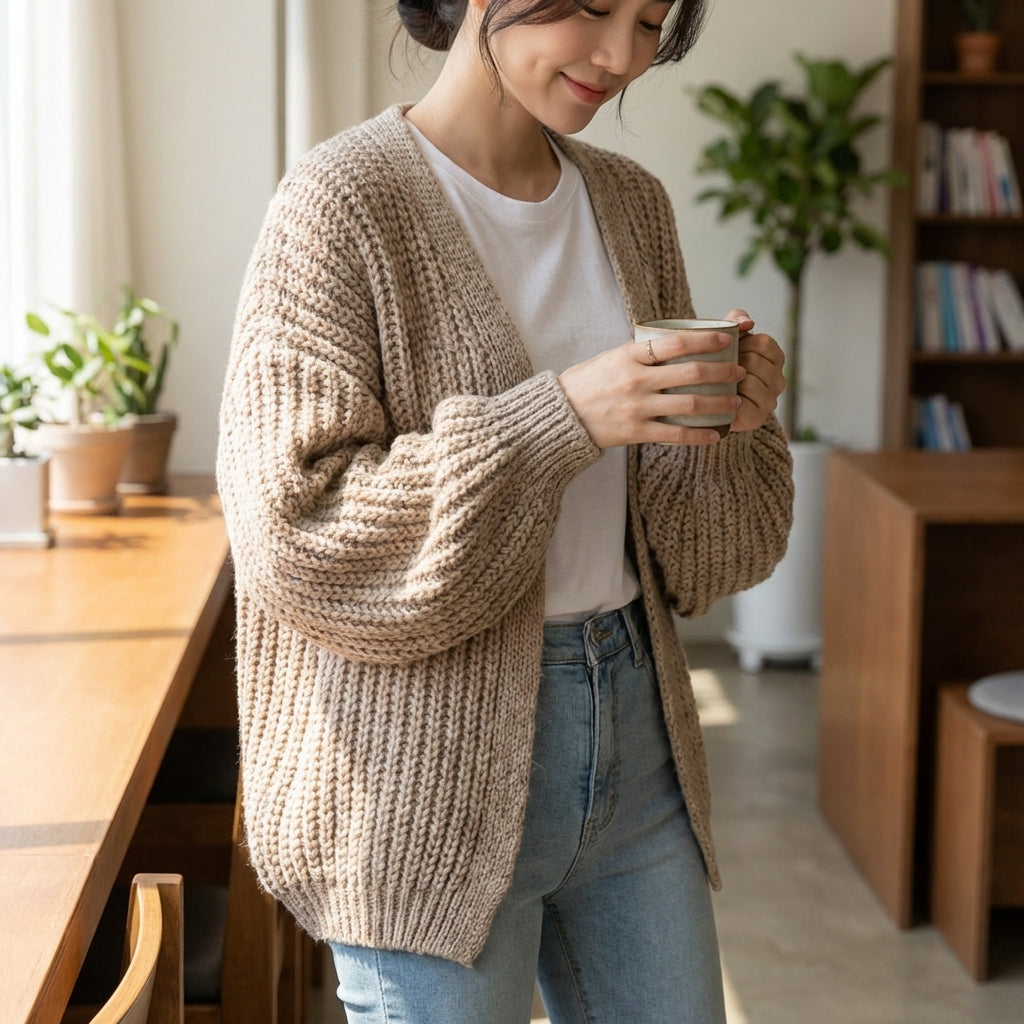 Oversized lantern sleeve cardigan with textured ribbed knit and dropped shoulders