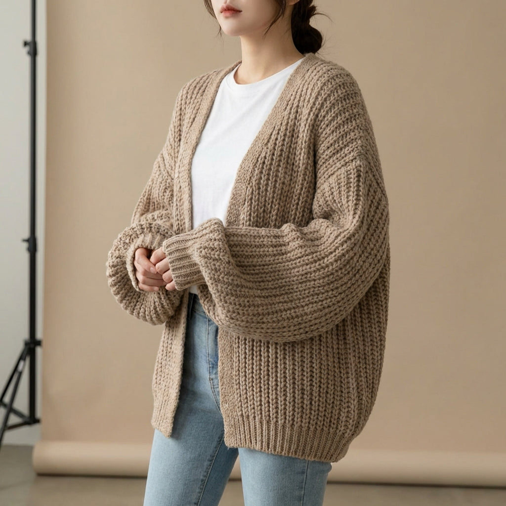 Oversized lantern sleeve cardigan with textured ribbed knit and dropped shoulders