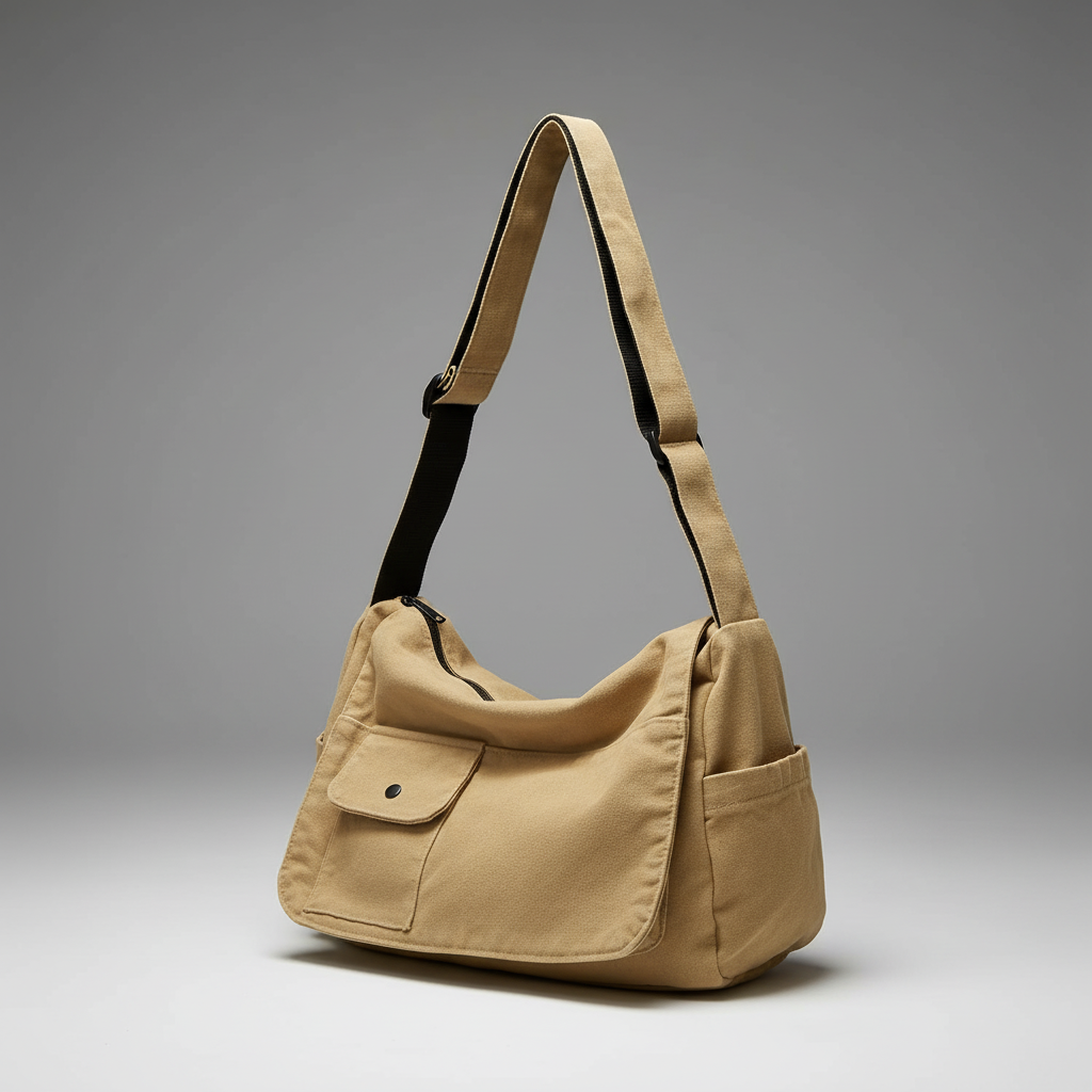 Large canvas messenger bag with adjustable shoulder strap and secure zipper closure