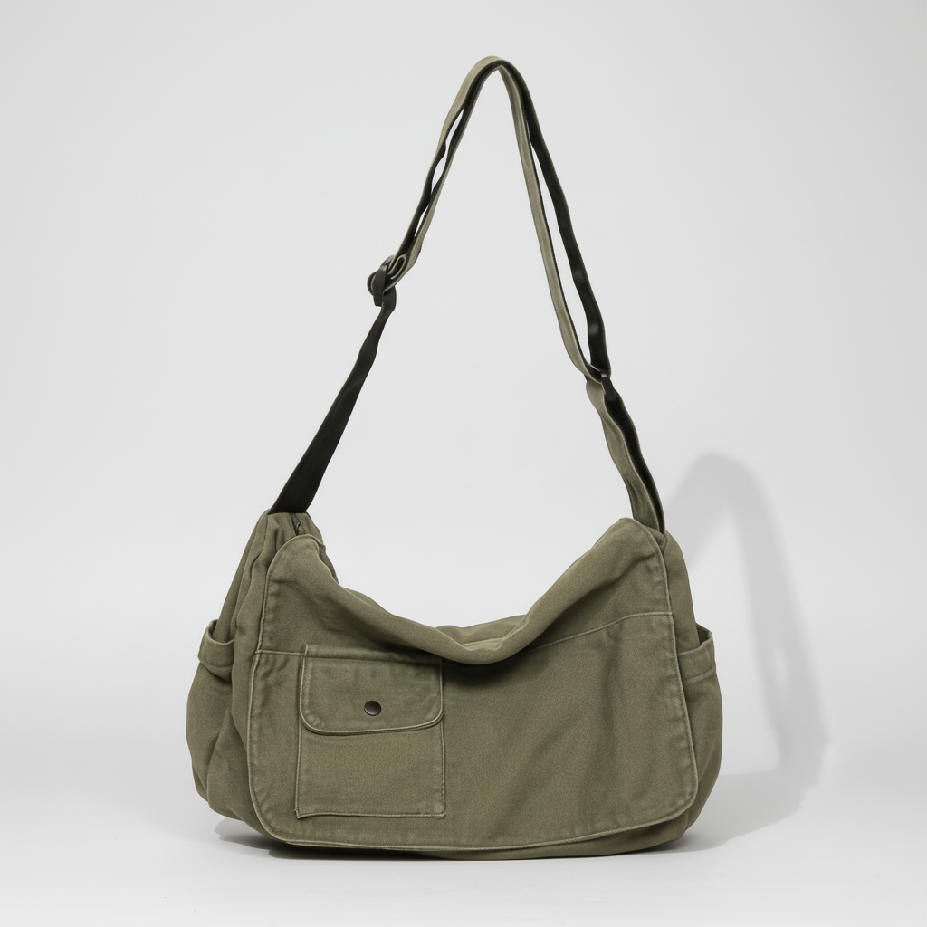 Large canvas messenger bag with adjustable shoulder strap and secure zipper closure
