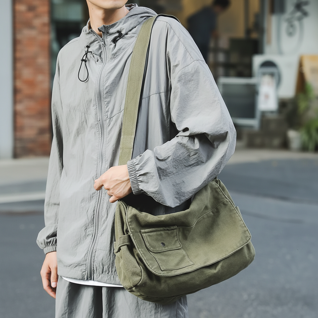 Large canvas messenger bag with adjustable shoulder strap and secure zipper closure