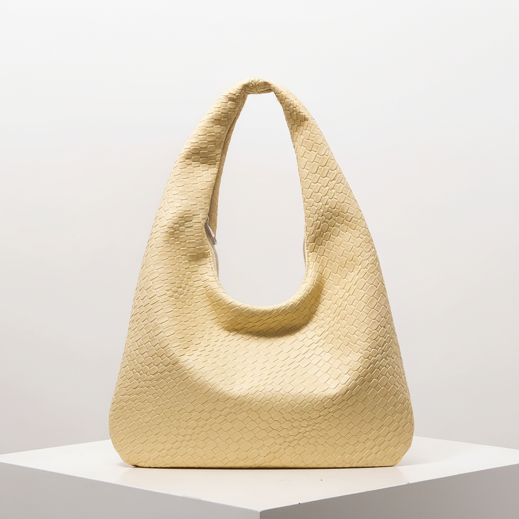 Crescent shoulder bag with faux woven leather finish and wide strap