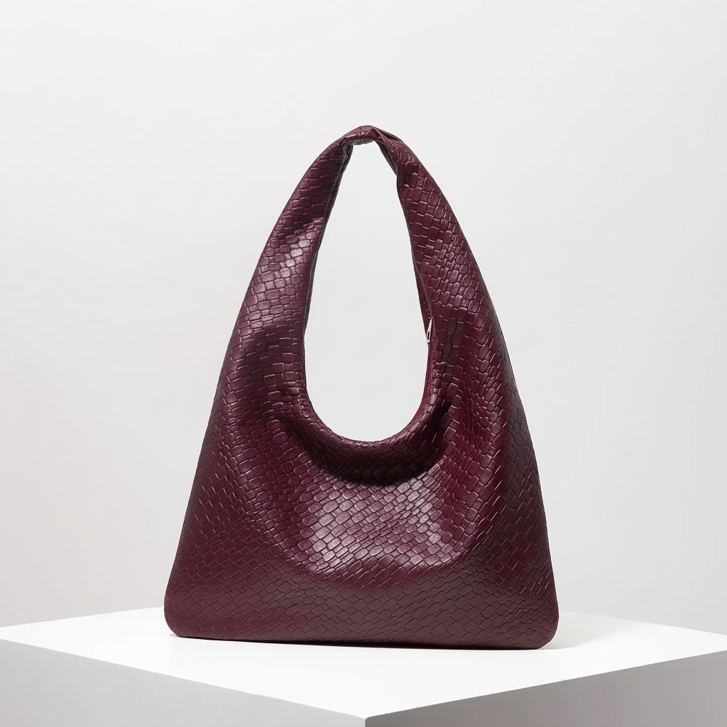 Crescent shoulder bag with faux woven leather finish and wide strap