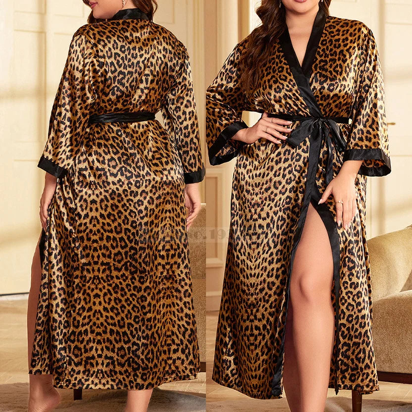 Plus size long kimono robe with bold leopard print and waist tie
