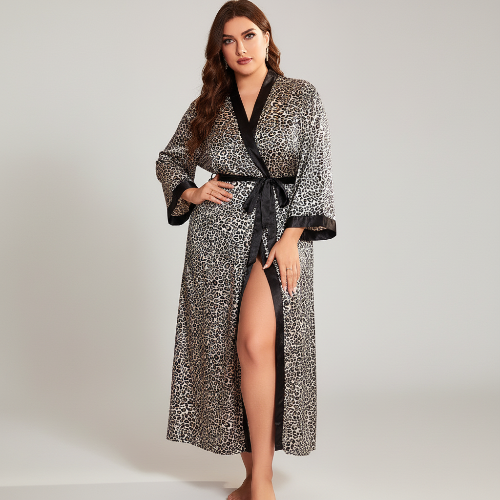 Plus size long kimono robe with bold leopard print and waist tie
