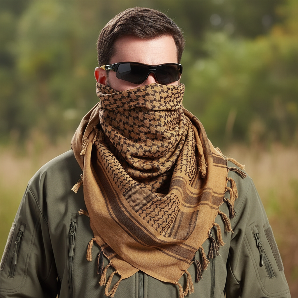 Lightweight acrylic tactical scarf with plaid weave for sun and dust protection