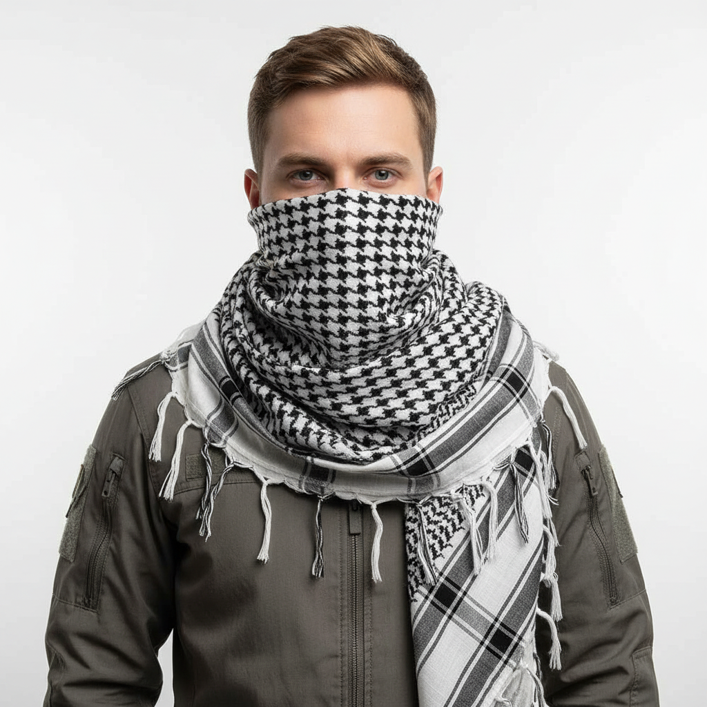 Lightweight acrylic tactical scarf with plaid weave for sun and dust protection