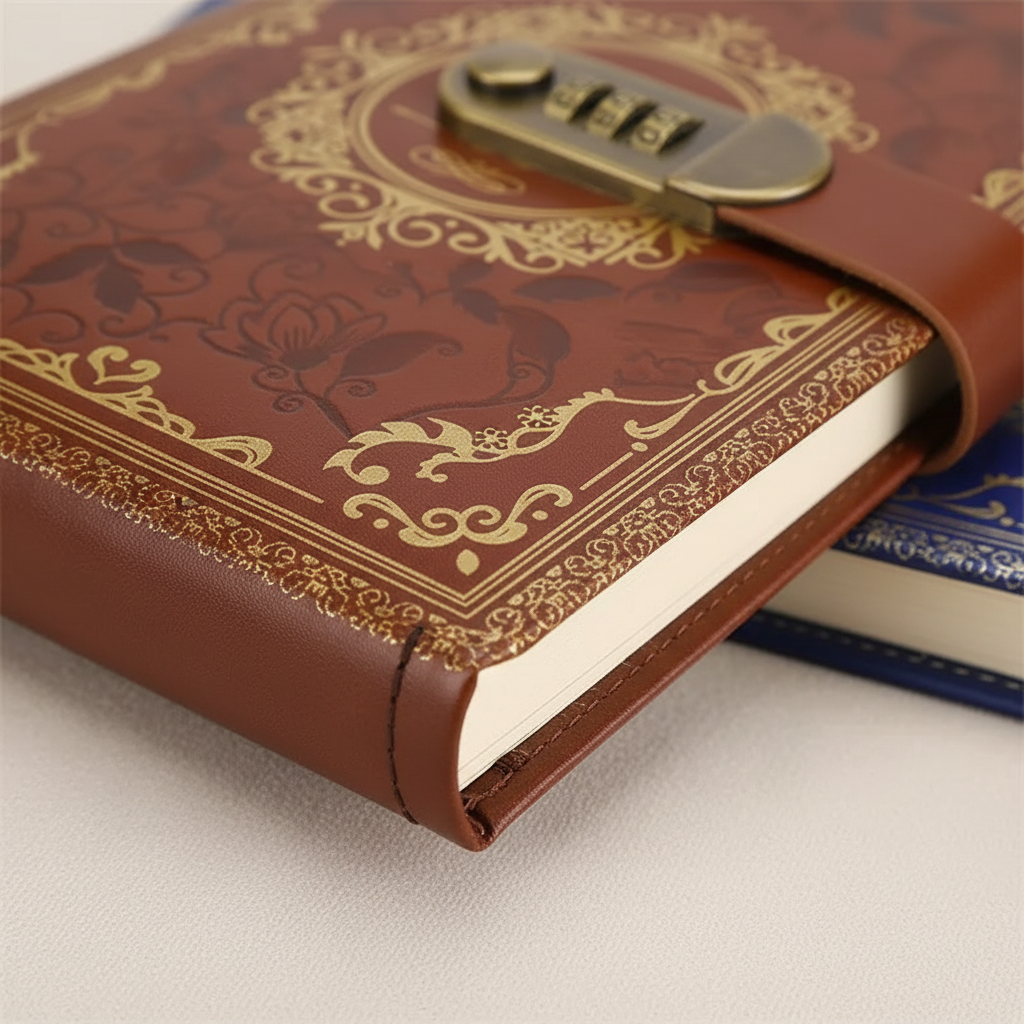 Retro A5 journal with combination lock and embossed vintage cover