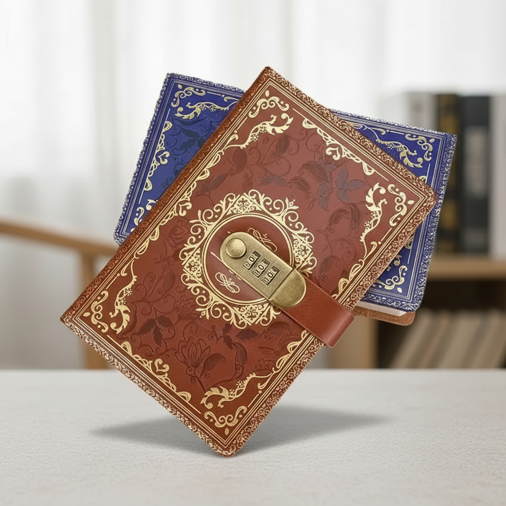 Retro A5 journal with combination lock and embossed vintage cover