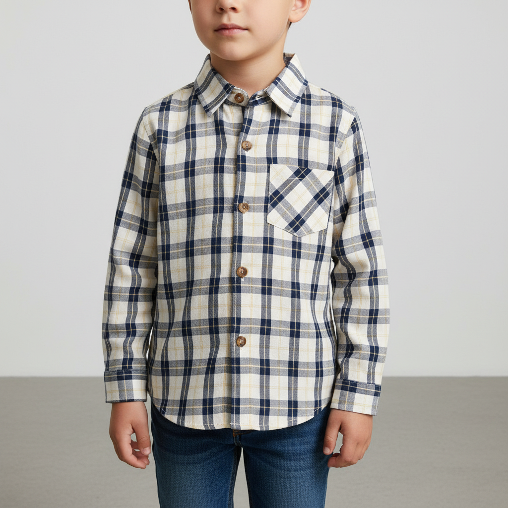 Long-sleeve checked cotton shirt with collar and chest pocket
