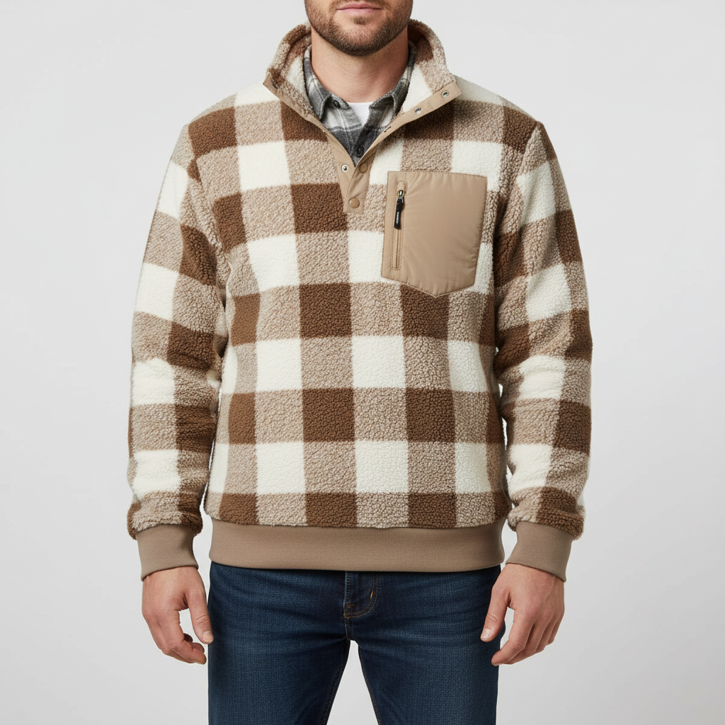 Long-sleeve fleece hoodie with classic pattern and chest pocket