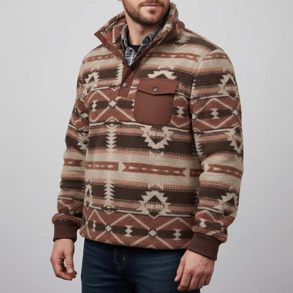 Long-sleeve fleece hoodie with classic pattern and chest pocket