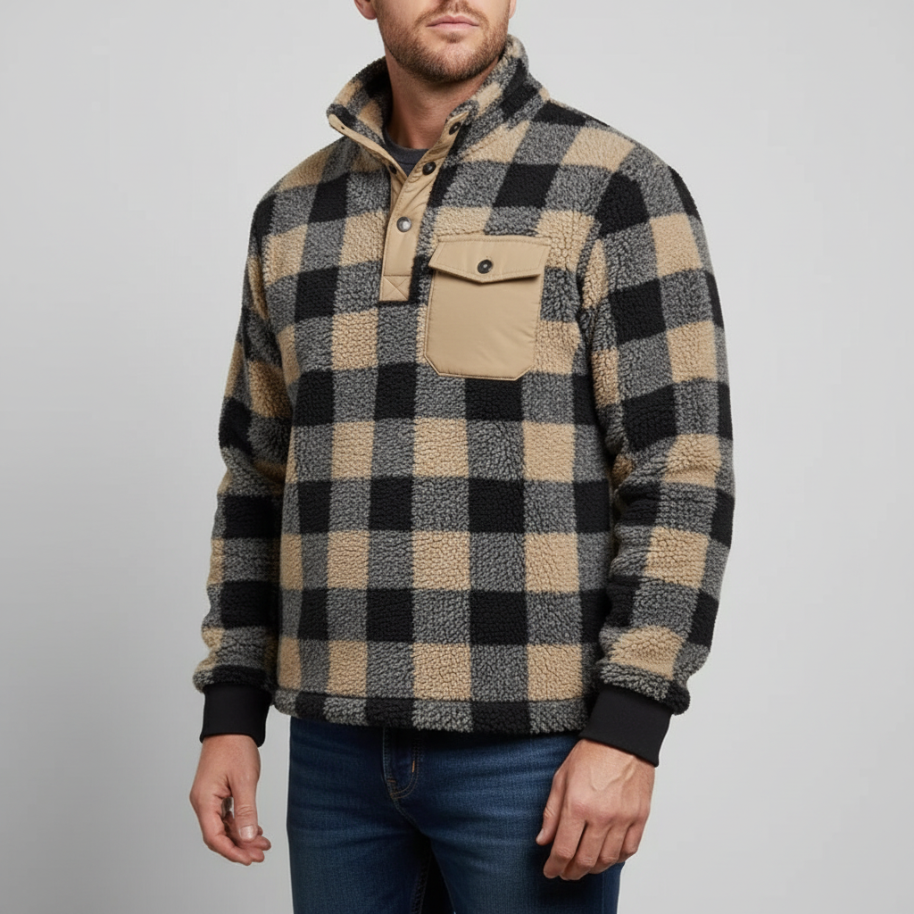Long-sleeve fleece hoodie with classic pattern and chest pocket