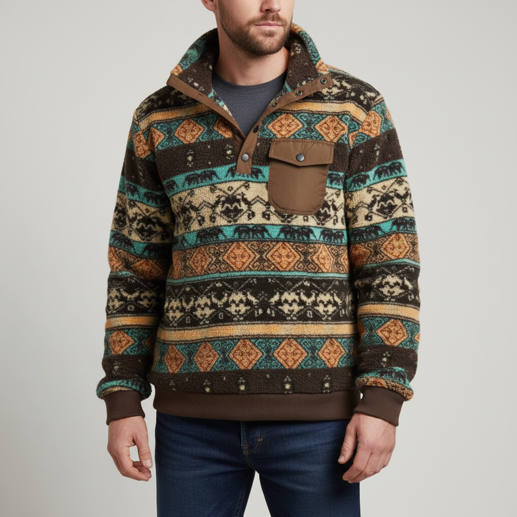 Long-sleeve fleece hoodie with classic pattern and chest pocket