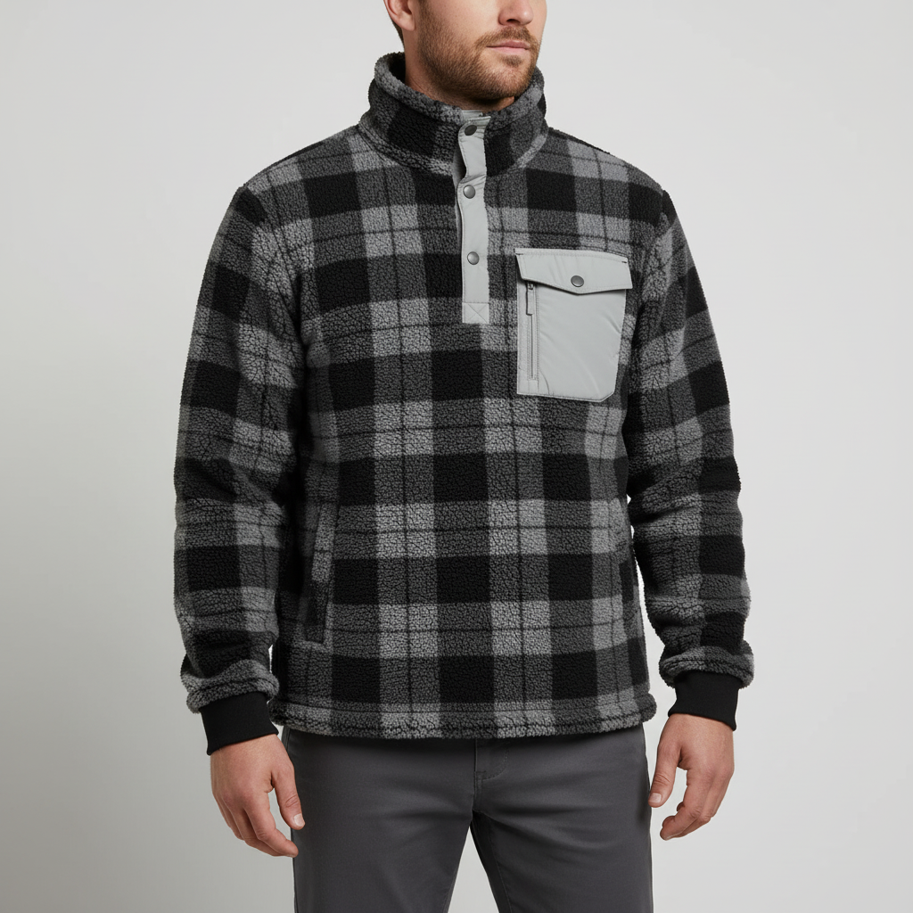 Long-sleeve fleece hoodie with classic pattern and chest pocket