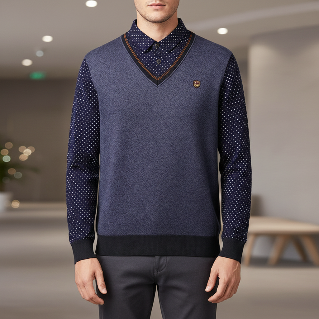 Men's fleece pullover with shawl collar and dotted sleeves