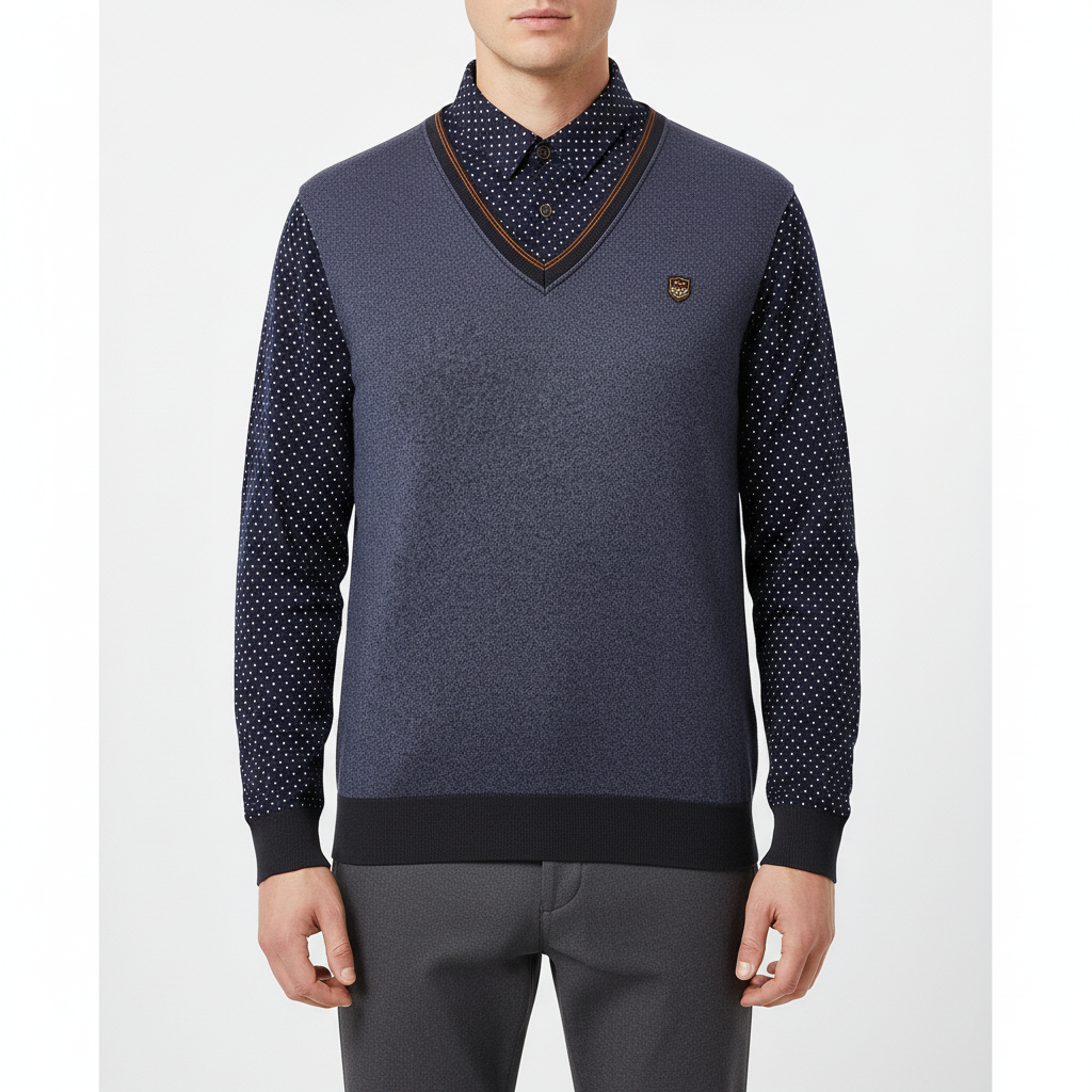 Men's fleece pullover with shawl collar and dotted sleeves