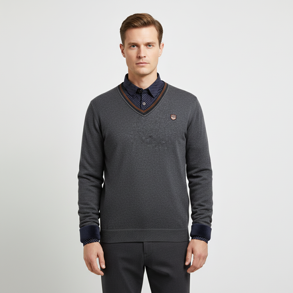 Men's fleece pullover with shawl collar and dotted sleeves