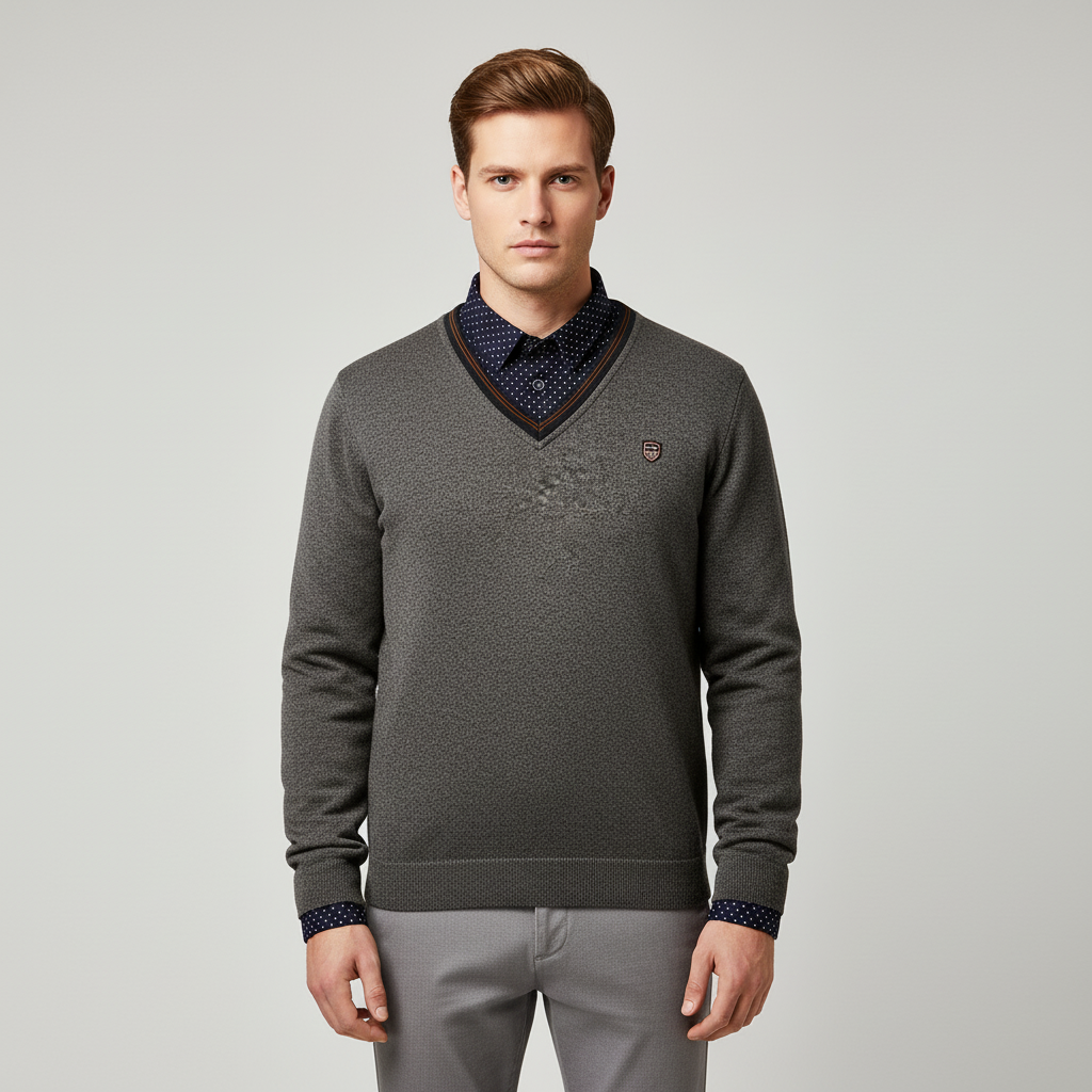 Men's fleece pullover with shawl collar and dotted sleeves