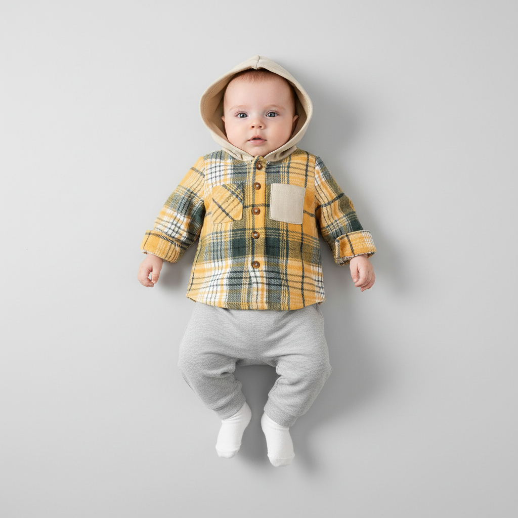 Baby hooded plaid hoodie with soft cotton-polyester blend